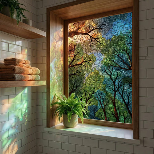 Stained Glass Window Film with Mosaic Forest Trees