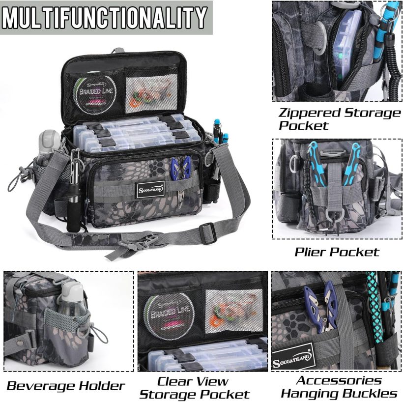 Sougayilang Fishing Tackle Bags with 3600 Tackle Tray - Fishing Tackle Storage Bags for Saltwater or Freshwater Fishing Gear - Padded Shoulder Strap - Tackle Box Bag Fishing Bag(Grey) - Image 3